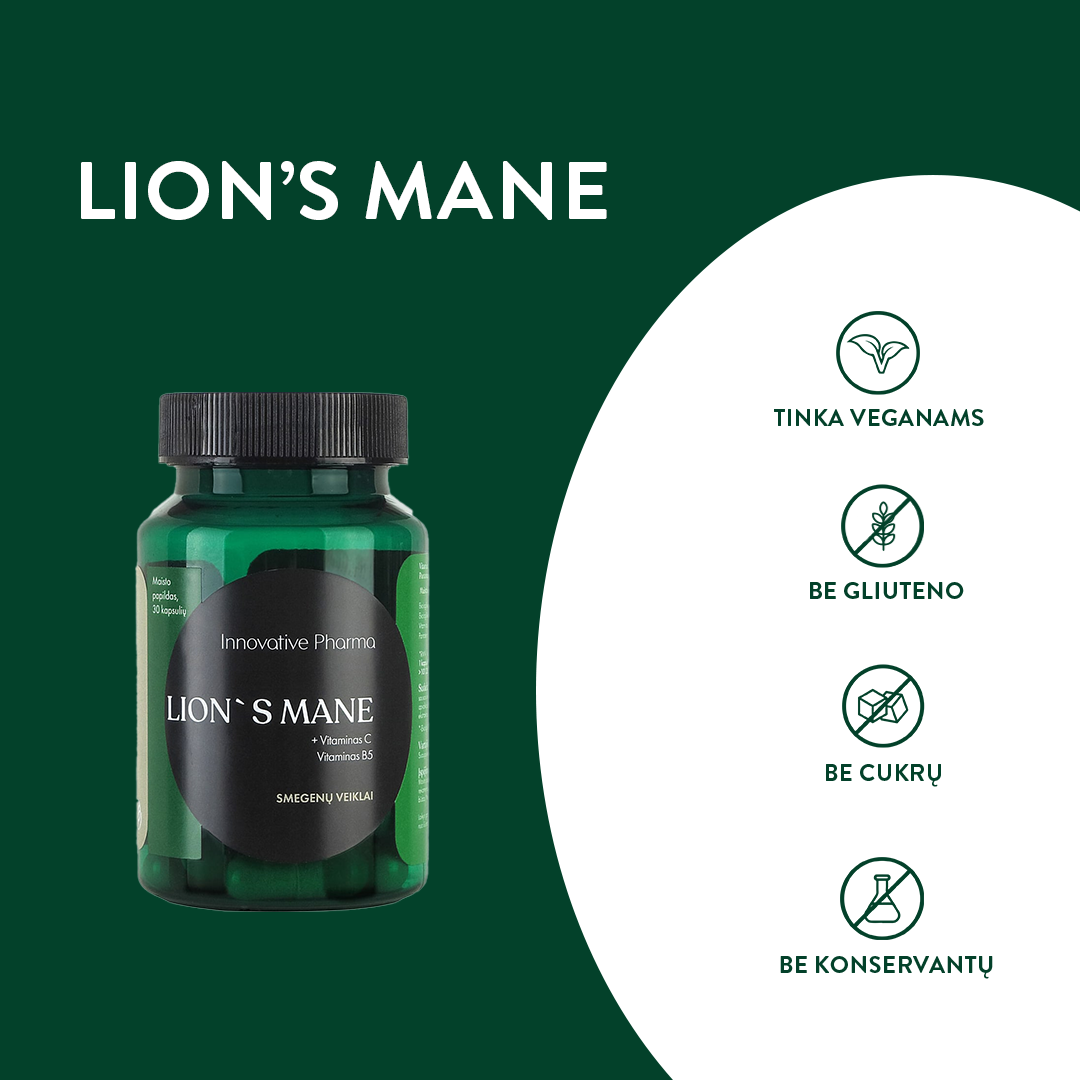 LION`S MANE kapsulės smegenų veiklai