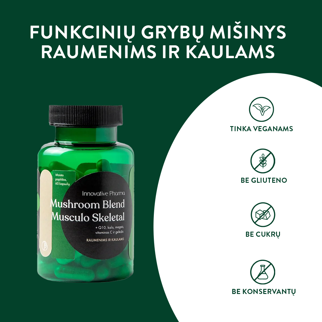 Funkcinių grybų mišinys RAUMENIMS IR KAULAMS (60 kaps.)
