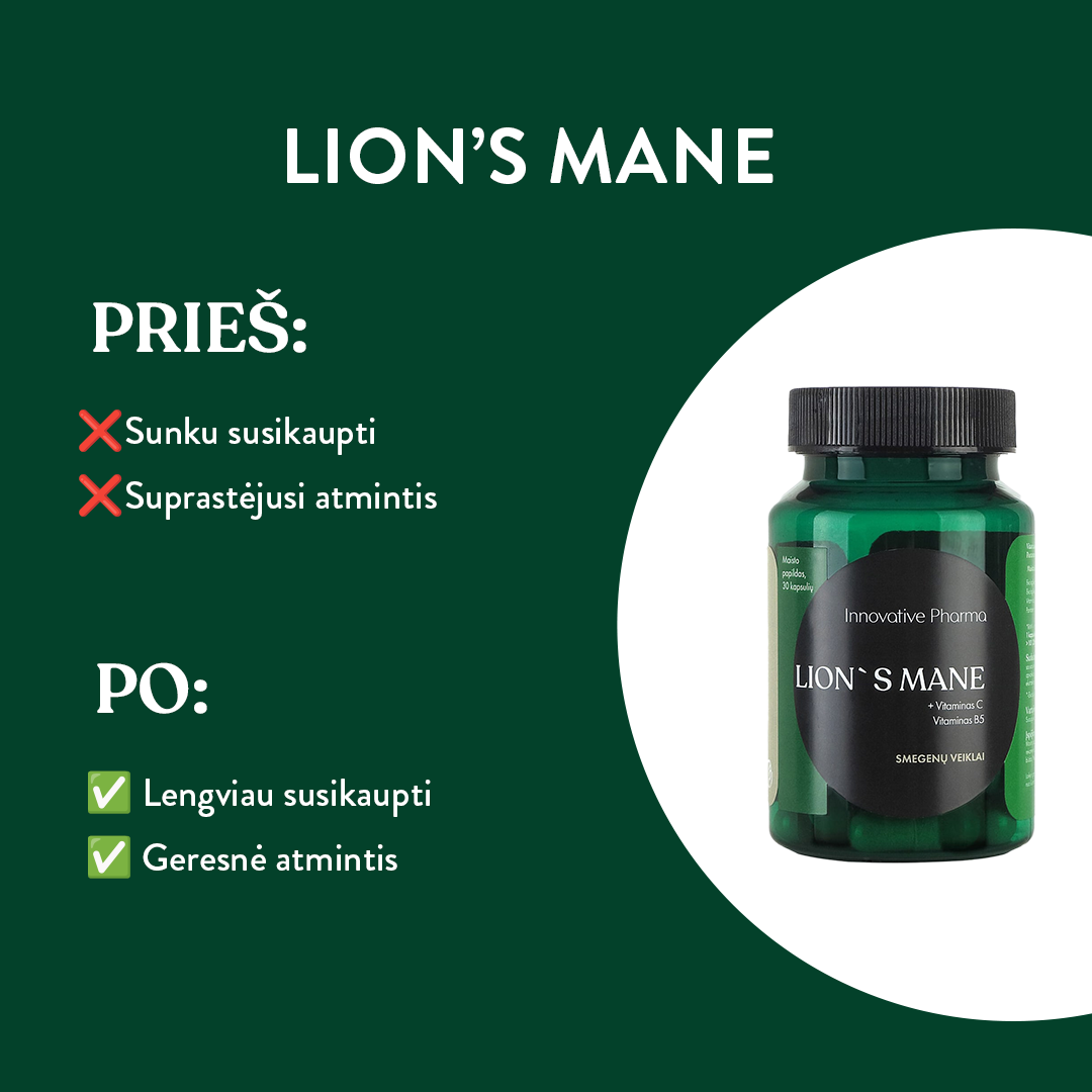 LION`S MANE kapsulės smegenų veiklai