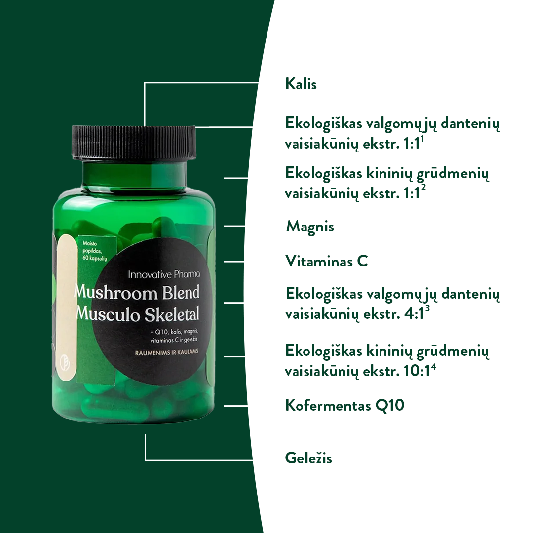 Funkcinių grybų mišinys RAUMENIMS IR KAULAMS (60 kaps.)