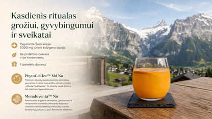 Swiss Radiance milteliai grožio gėrimui su išskirtiniais šveicariškais ekstraktais, vitaminais ir 5000 mg jūrinio kolageno (15 vnt.)