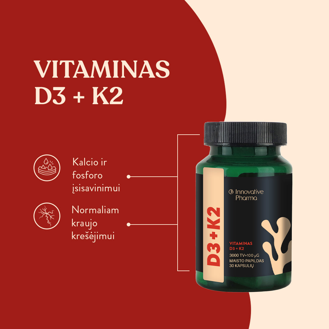 Vitaminai D3 + K2 30 kapsulių