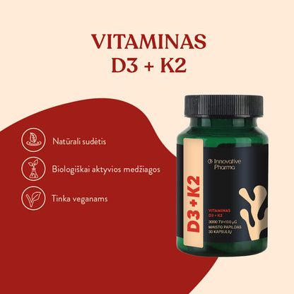 Vitaminai D3 + K2 30 kapsulių